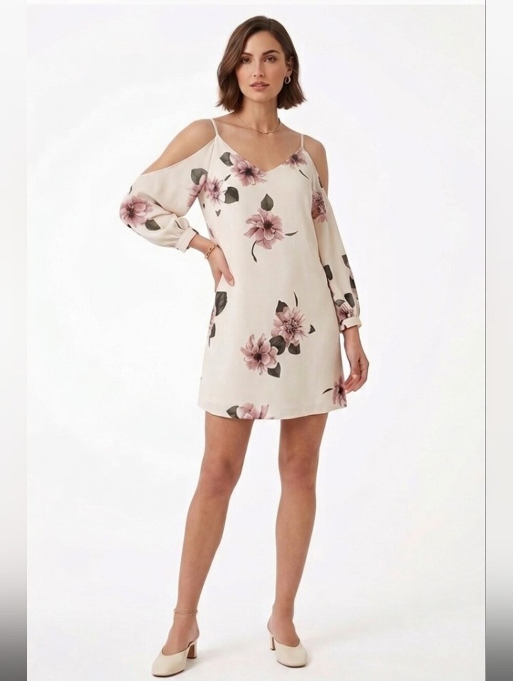 NWOT Dynamite XS/SCold-Shoulder Floral Shift Mini Dress - Cream with Pink Blooms